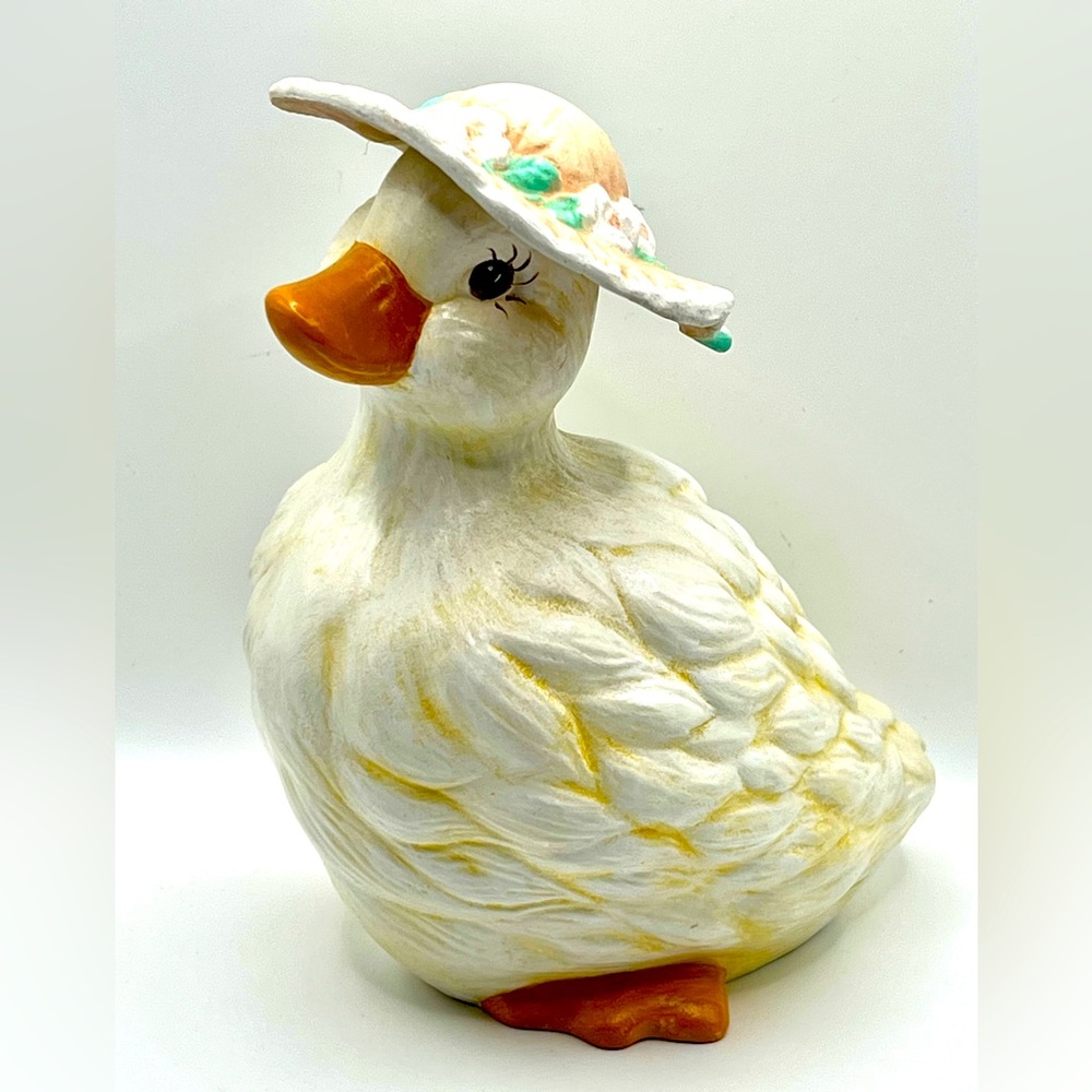Handmade Ceramic Duck Wearing Hat with Flowers Figurine 8 in Height